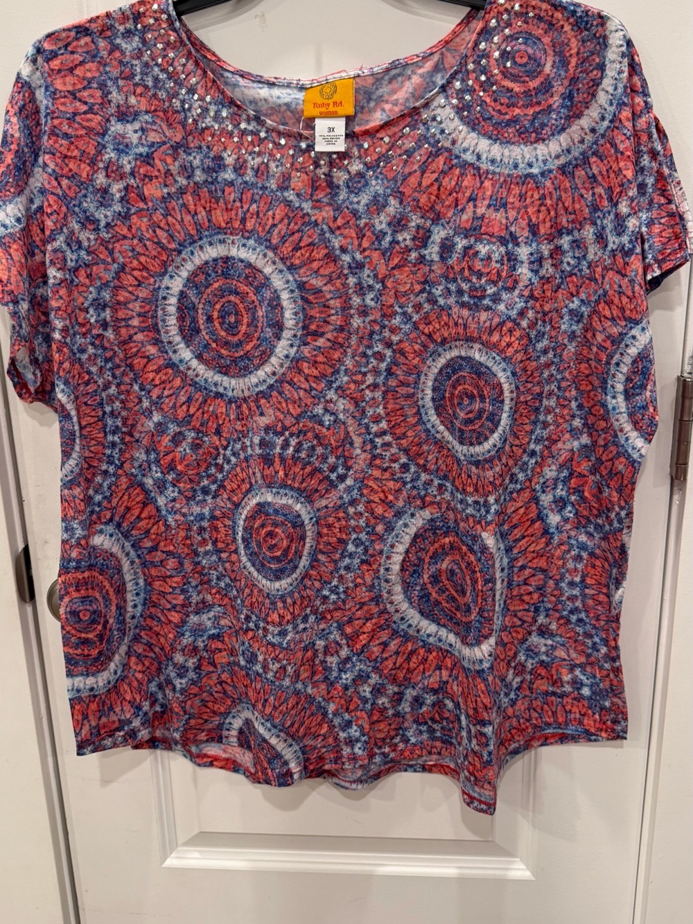 Ruby Rd. Coral and Blue Short Sleeve Circular Print Top